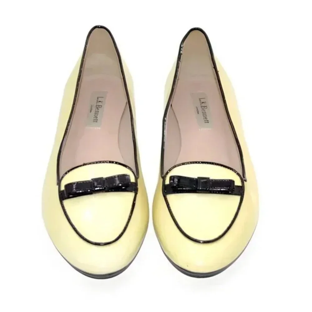 LK Bennet LKB Lemon Yellow Black Bow Cap Toe Patent Leather Shoes Loafers 39 8 - Picture 7 of 11